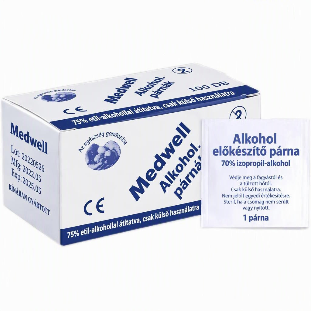 Medwell alkoholos fertőtlenítő párnák doboza és egyedi tasakja.