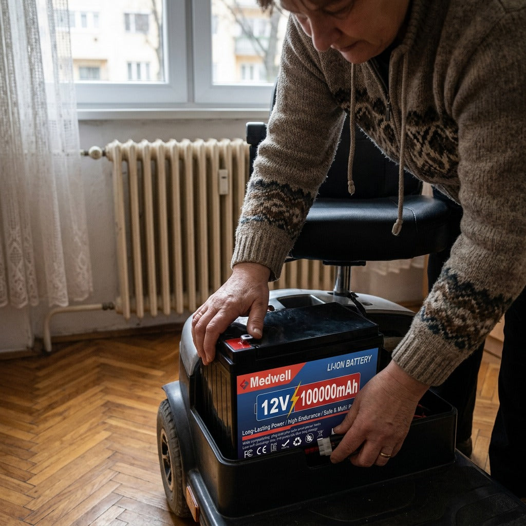 12 V-os újratölthető LiFePO4 mobilitási akkumulátor - használat közben