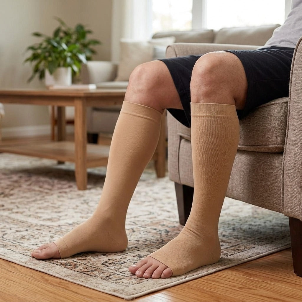 20–30 mmHg Open-Toe Calf Compression Stocking - in use