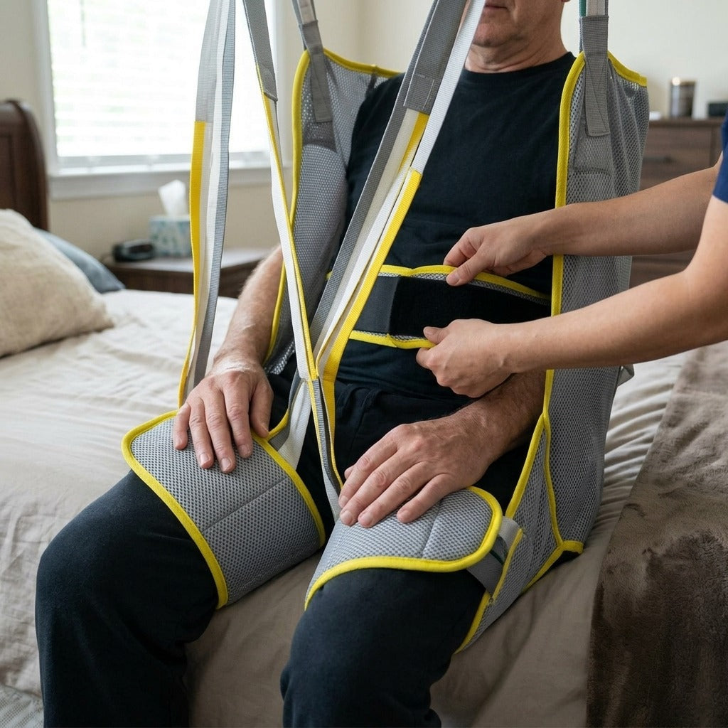 230kg Mesh Hygiene Lift Sling for Patient Transfers - in use