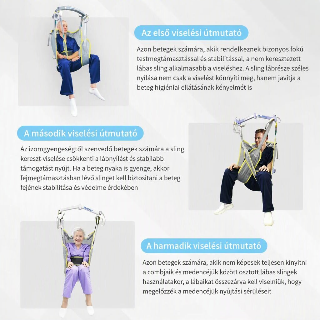 Betegemelő sling háromféle viselési útmutatója illusztrációkkal.