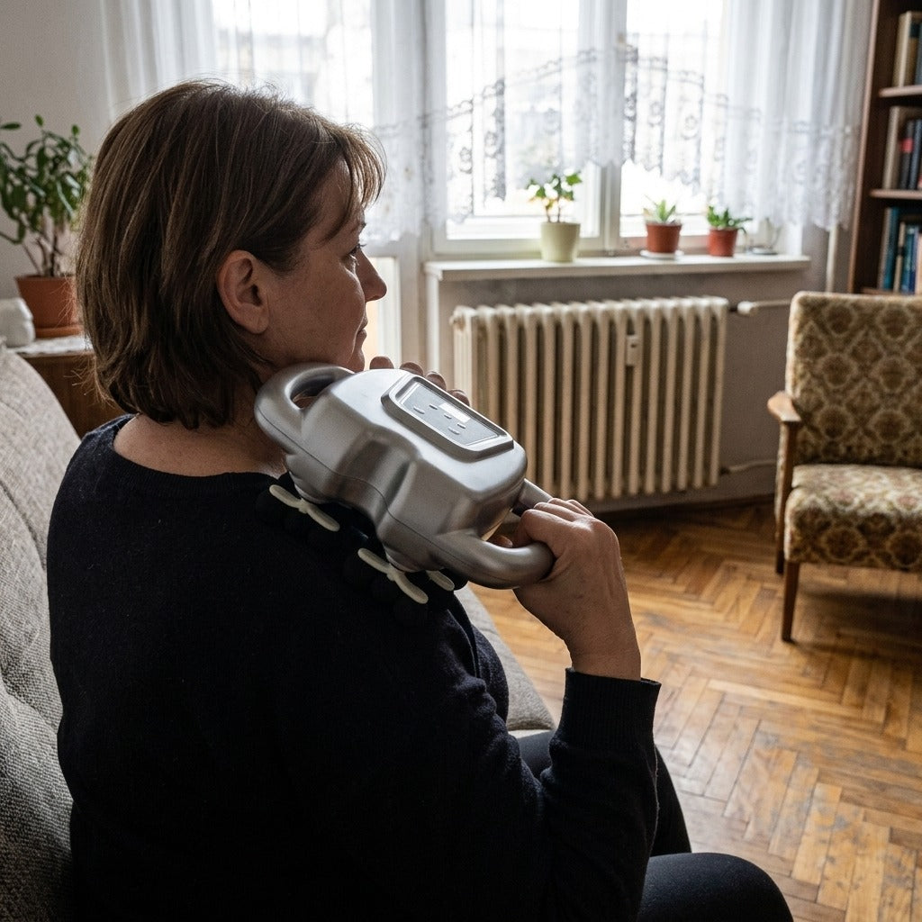 24 fejes, nagyfrekvenciás vibrációs masszázspisztoly - használat közben