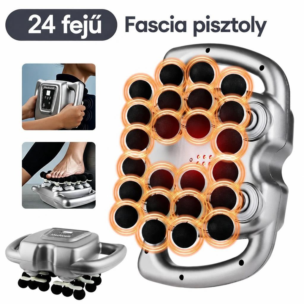 24 fejű ezüstszínű fascia masszírozó gép bemutató képei használat közben.