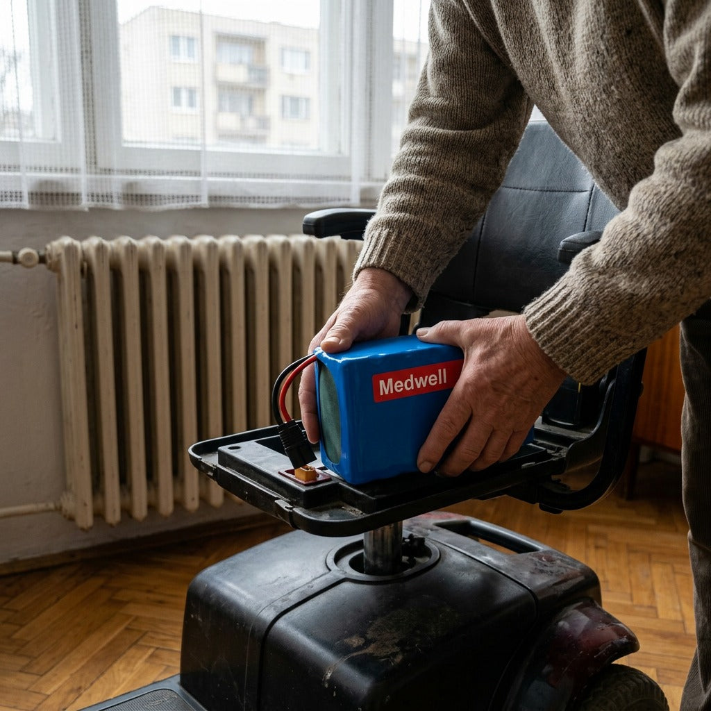 24 V-os újratölthető mobilitási akkumulátor töltővel - használat közben