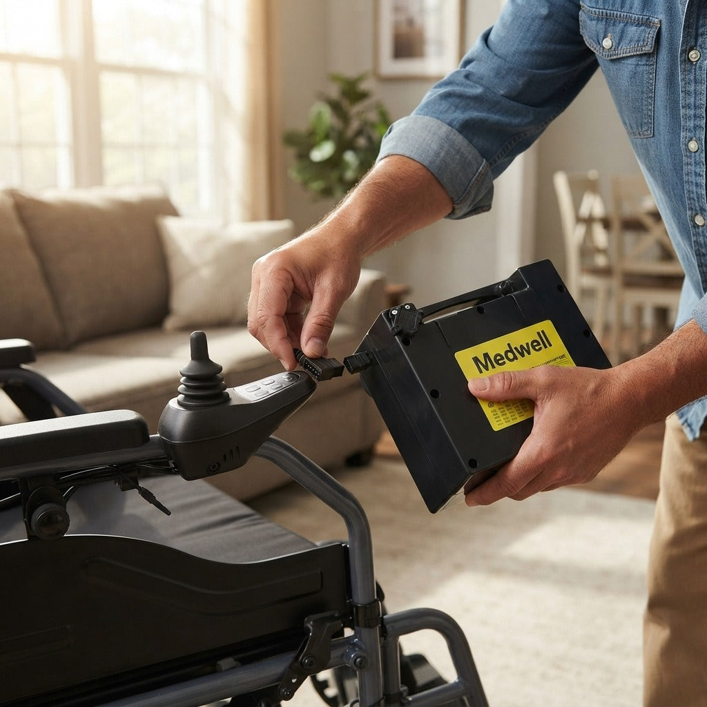 24V Lithium Battery for Electric Wheelchairs with Charger - in use