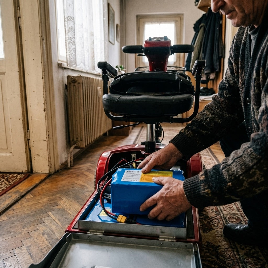 24V-os újratölthető akkumulátor kerekesszékhez és robogóhoz - használat közben