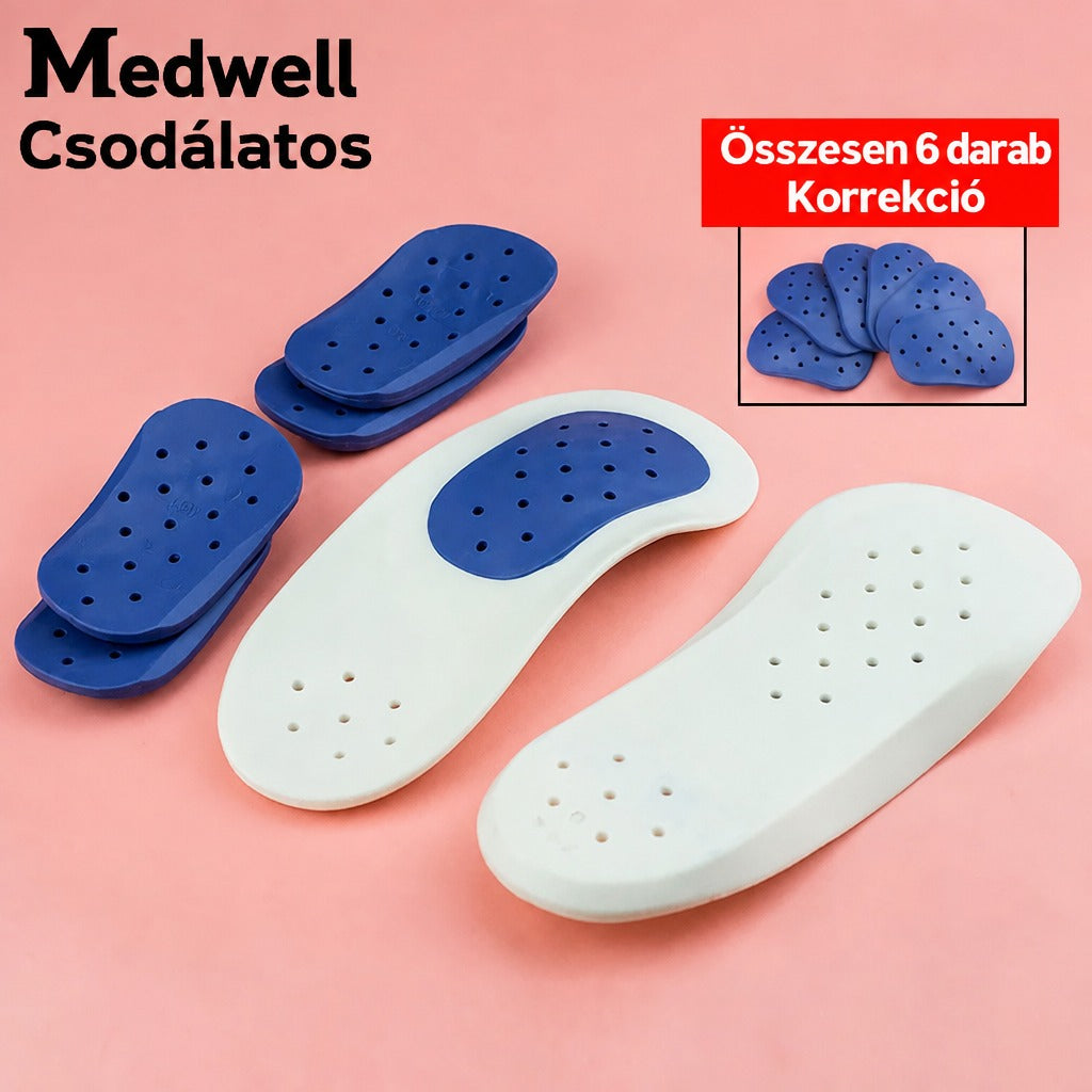 Medwell lúdtalptalbetétek és cserélhető kék korrekciós párnák rózsaszín háttéren.