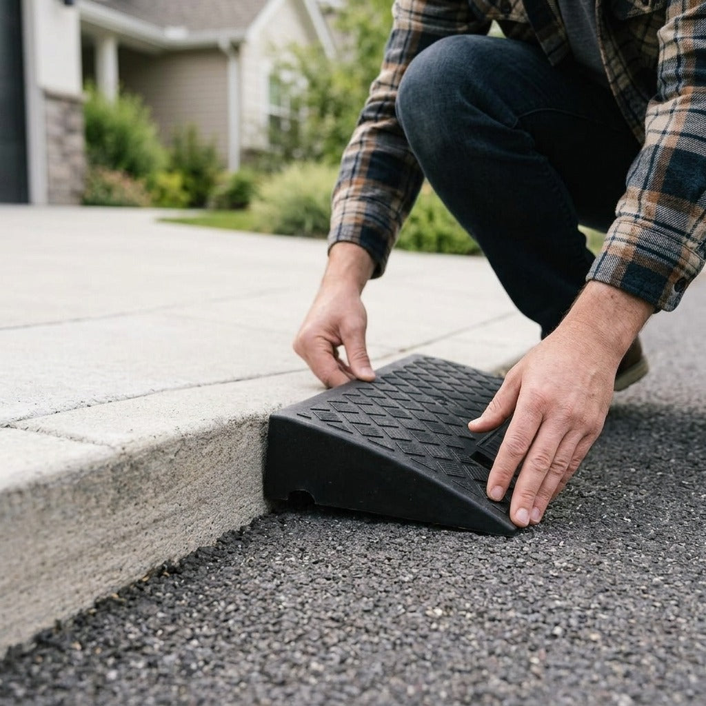 3 cm Portable Non-Slip Rubber Curb Ramp for Wheelchairs and Scooters - in use