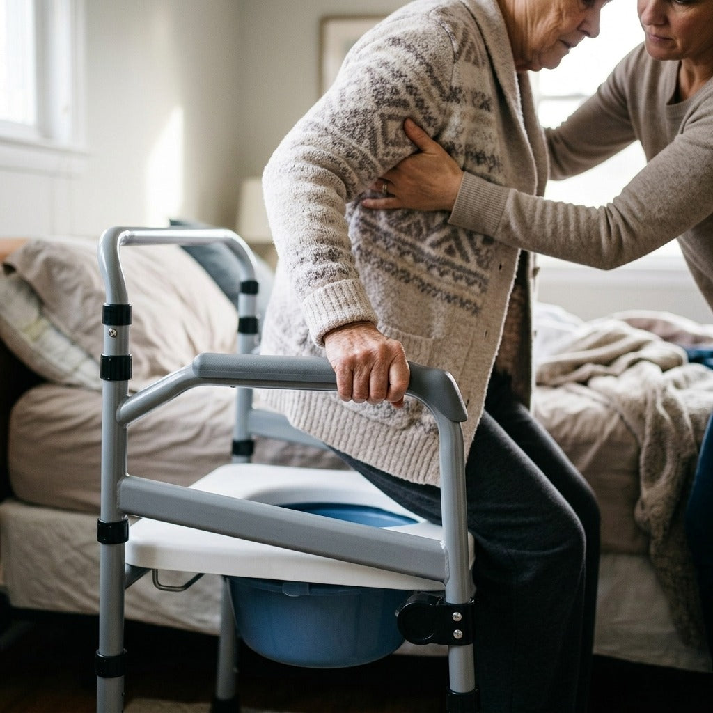 3-in-1 Bedside Commode Chair with Potty Bucket - in use