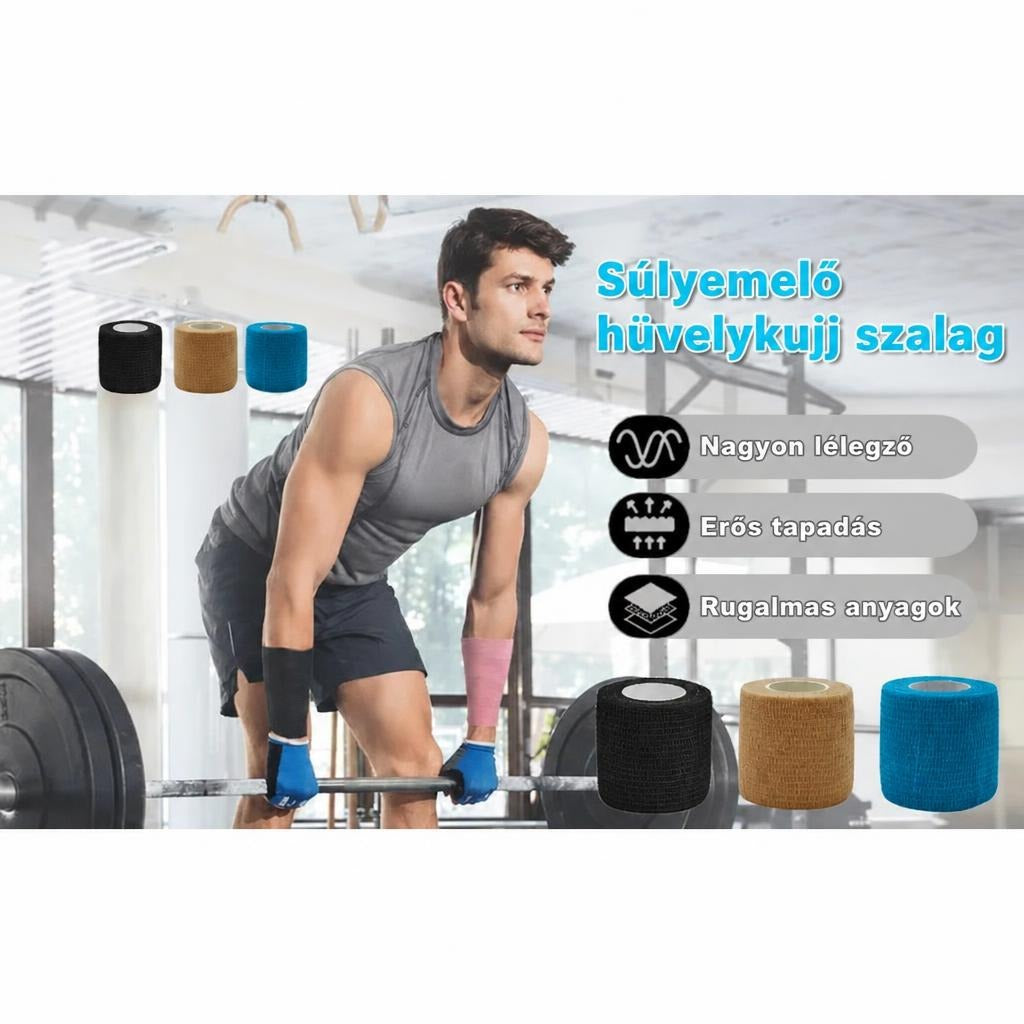 Súlyemelő hüvelykujj szalag tekercsek és egy súlyt emelő férfi az edzőteremben.