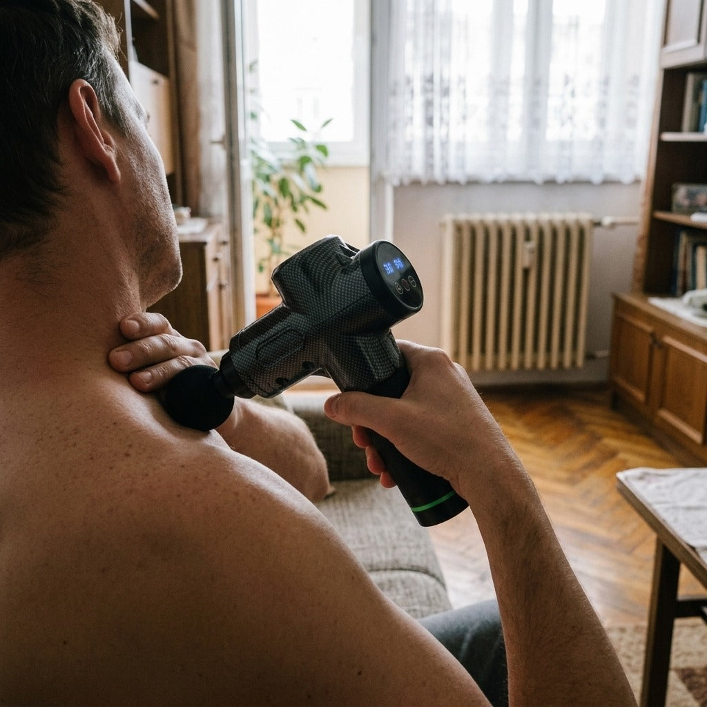 30 fokozatú elektromos masszázspisztoly testre és nyakra - használat közben