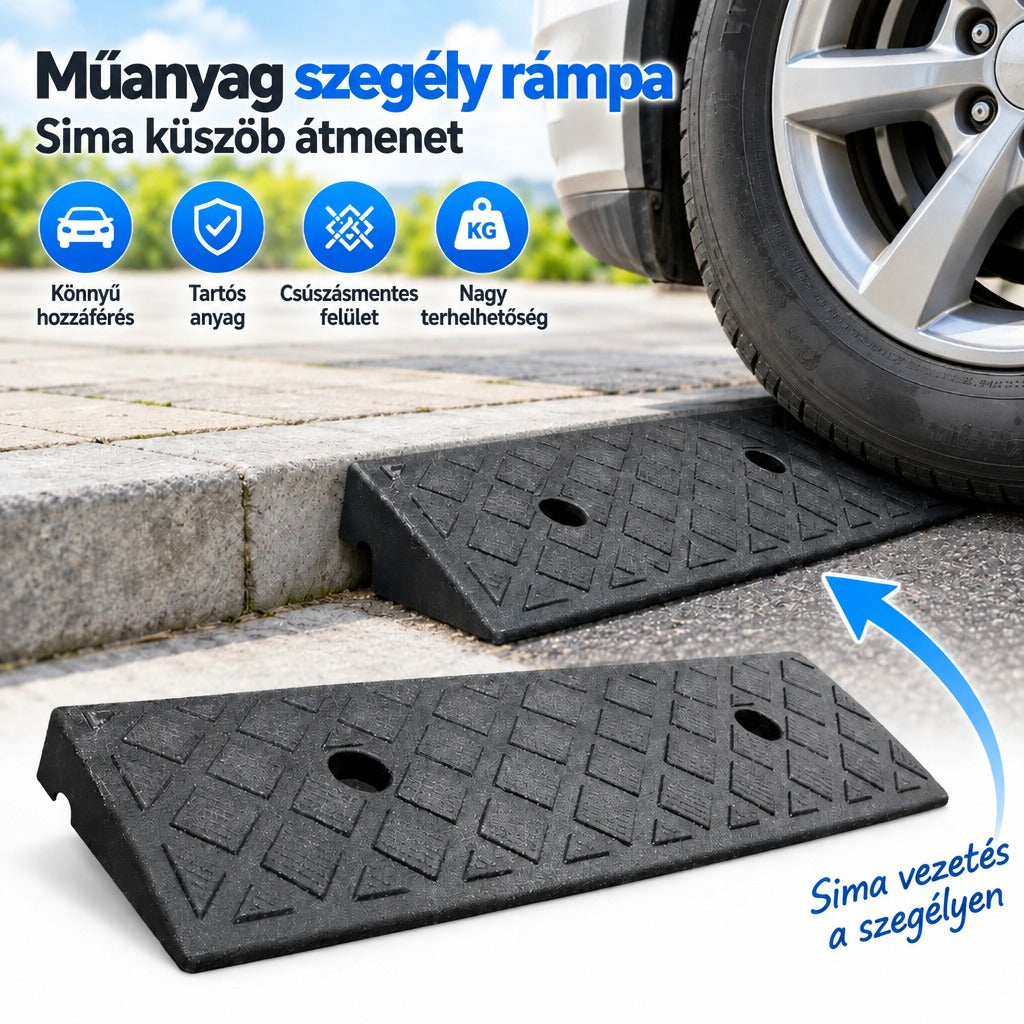 Fekete műanyag szegélyrámpa járdaszegélyhez helyezve egy autó kereke alatt.