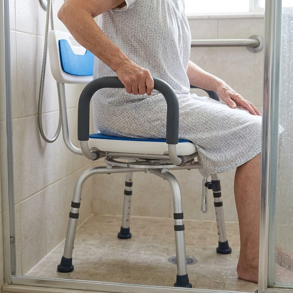 360-Degree Swivel Shower Chair with Armrests - in use