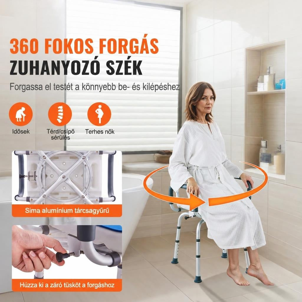 360 fokban forgatható zuhanyszék karfával