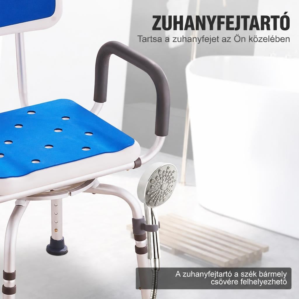Zuhanyfejtartó a fürdetőszék lábára rögzítve, kényelmes elérhetőséget biztosítva a zuhanyfejnek.