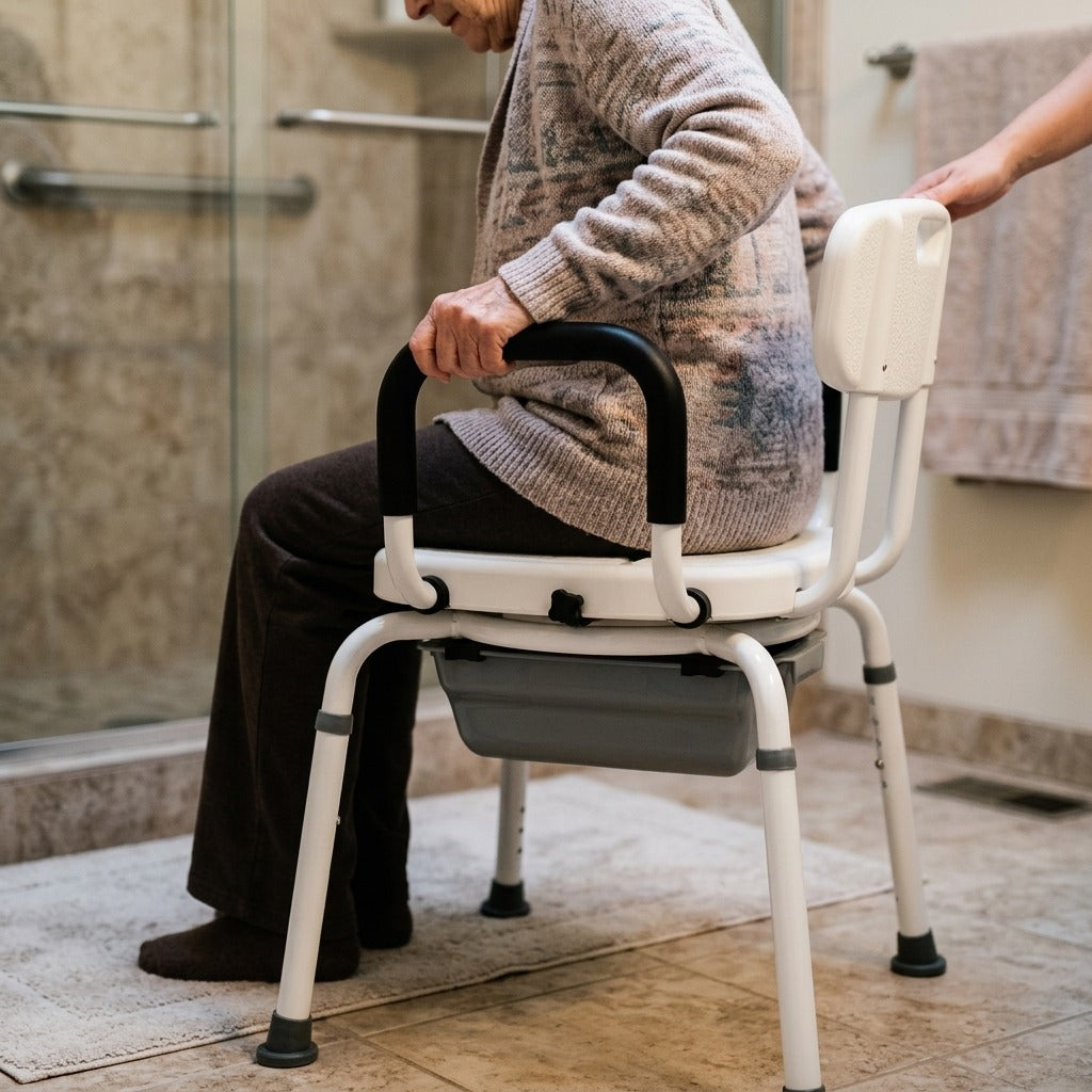 360° Rotating Shower Chair with Arms and Backrest - in use