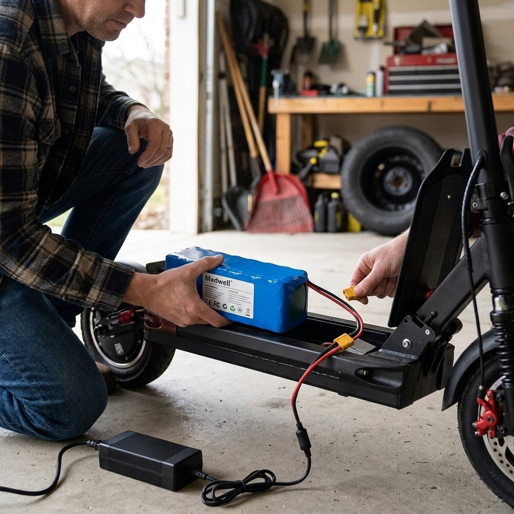 36V Lithium-Ion Mobility Scooter Battery with Charger - in use