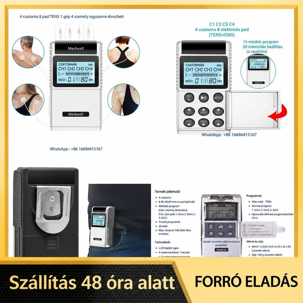 TENS egység 4 csatorna, 8 elektróda pad, 15 mód, 20 intenzitás