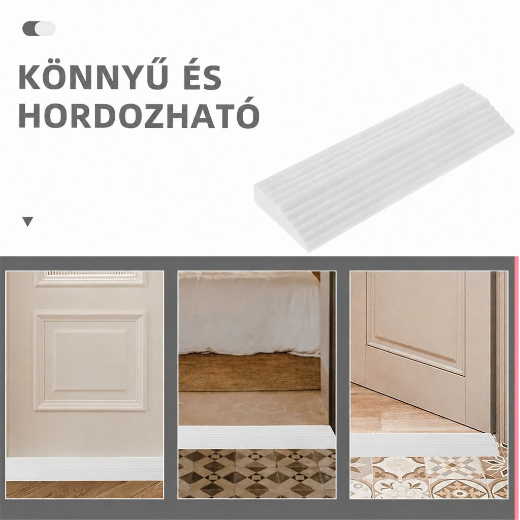 Fehér bordázott küszöbrámpa önmagában és különböző ajtónyílásoknál elhelyezve.