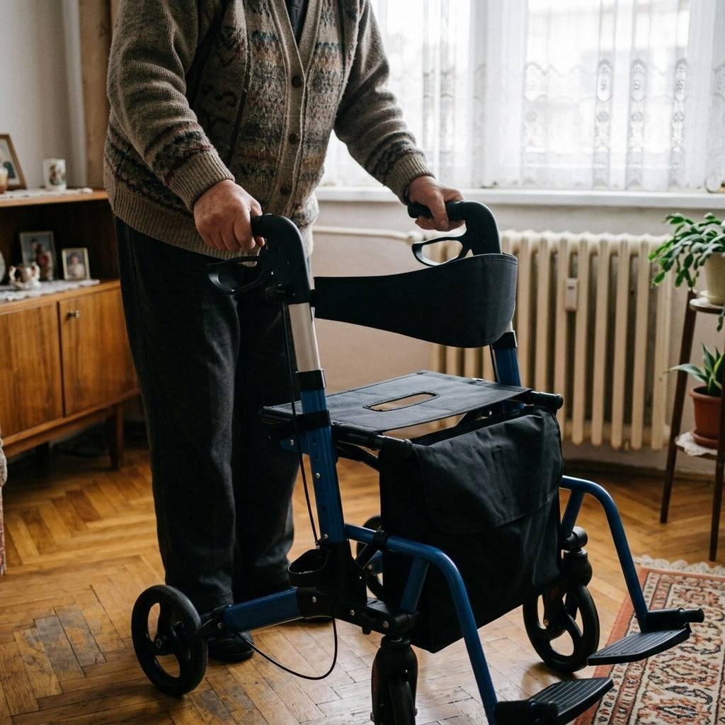 4 kerekű alumínium rollátor, összecsukható, állítható magasságú - használat közben