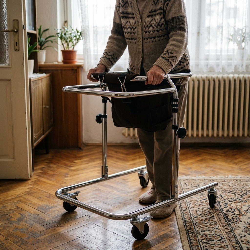 4 kerekű rollátor üléssel és kosárral - használat közben