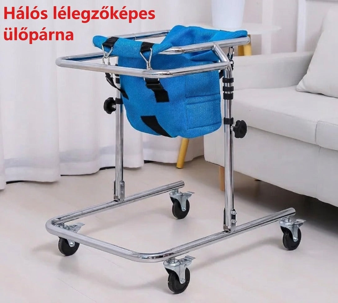Gurulós járássegítő keret kék hálós ülőpárnával a szobában