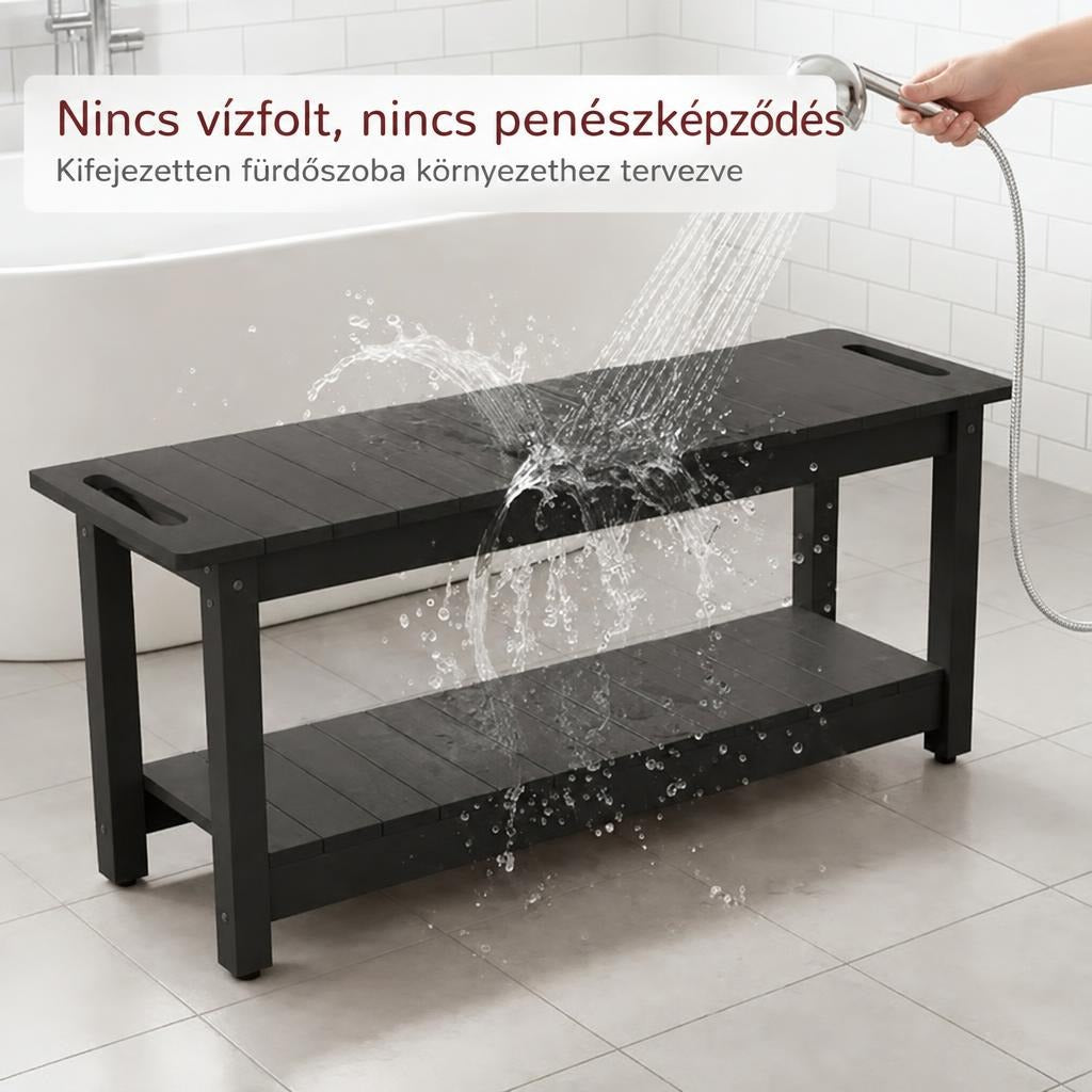 Vízálló, fekete fürdőszobai pad zuhanyrózsával locsolva a fürdőszobában.
