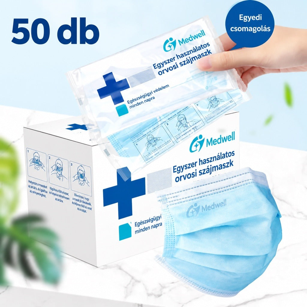 50 darabos, egyenként csomagolt Medwell orvosi szájmaszk dobozzal és kibontott maszkkal.