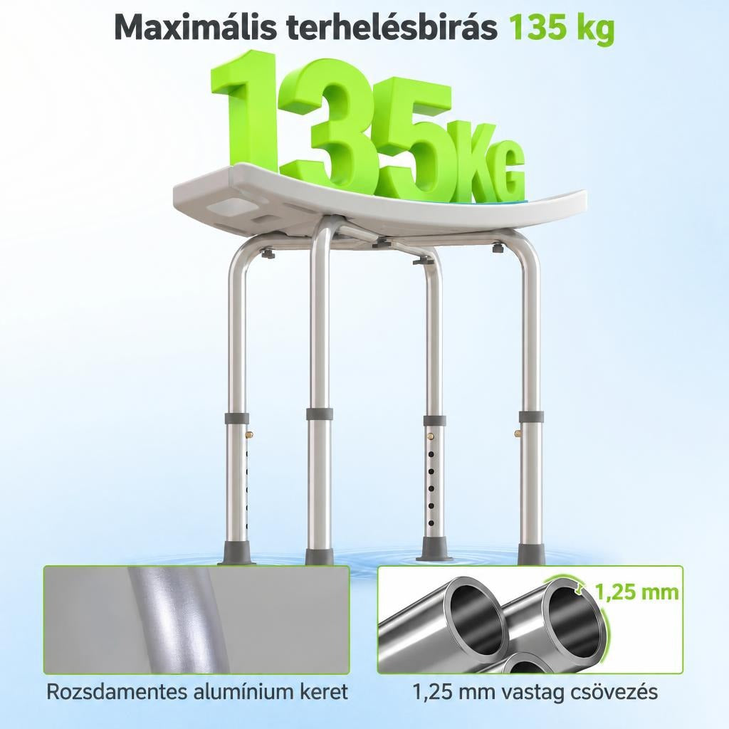 6 fokozatban állítható, ívelt fürdőszék