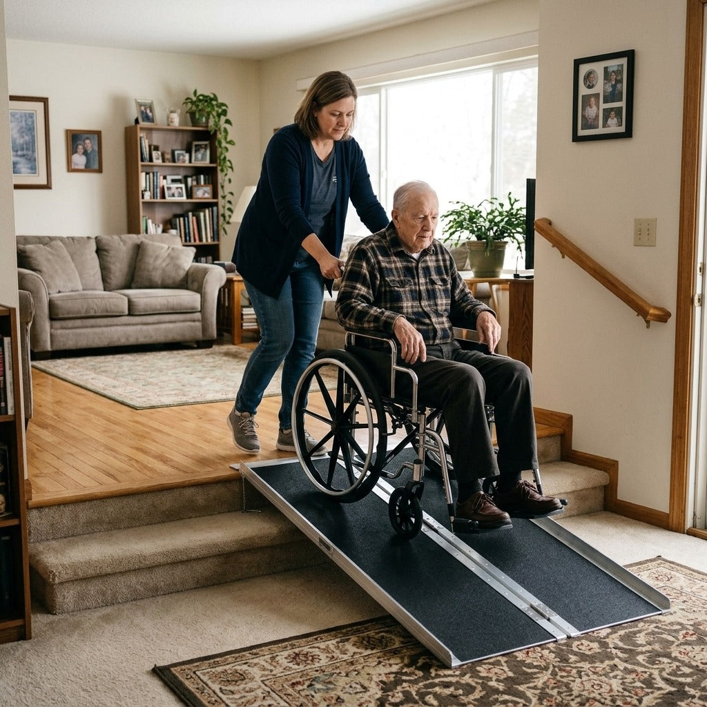 60-Inch Aluminum Folding Wheelchair and Scooter Ramp - at home