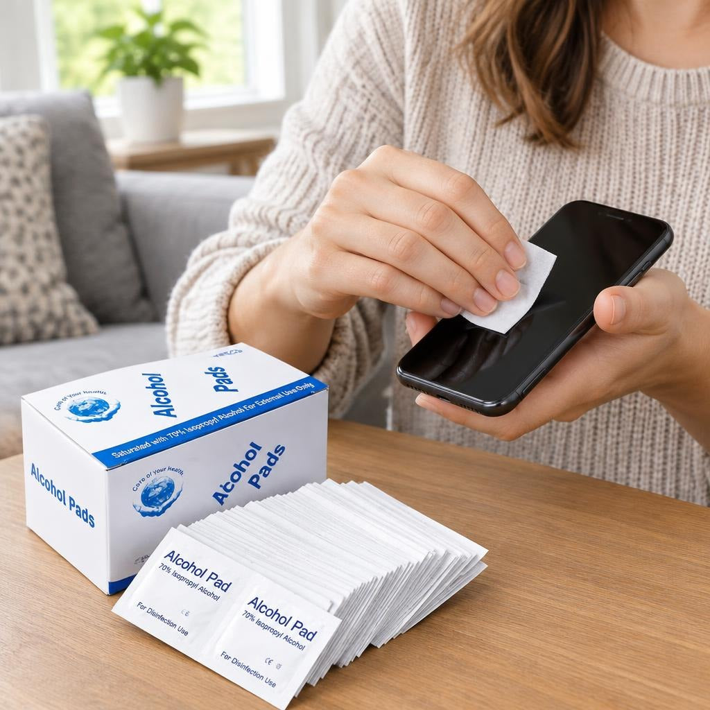 70% Alcohol Prep Pads for Phone Cleaning, 100 Count - in use