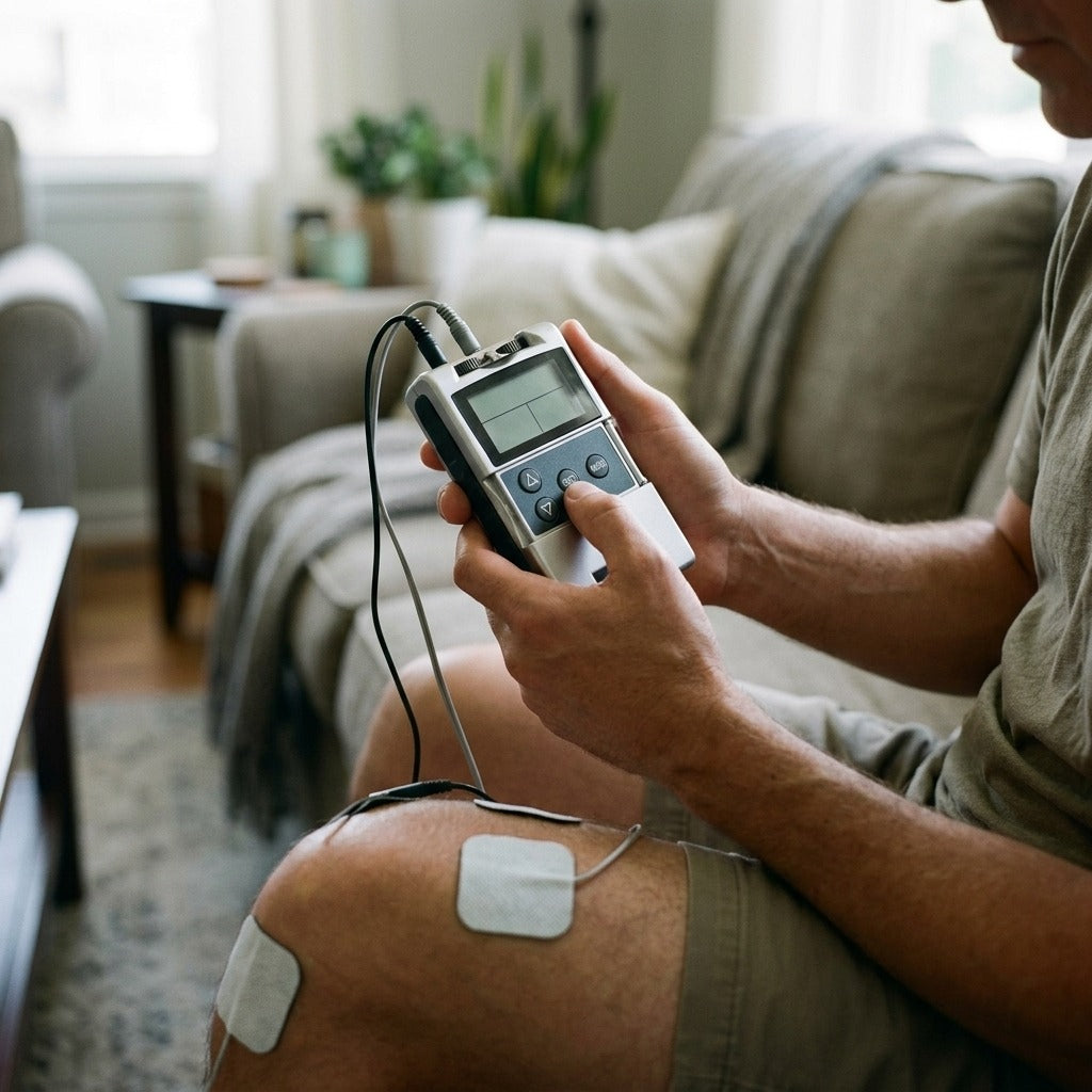 7000 Digital TENS EMS Muscle Stimulator, 2-Channel with 5 Modes - in use