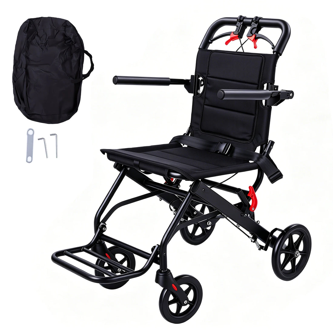 Folding Transport Chair with Brakes and Safety Belt