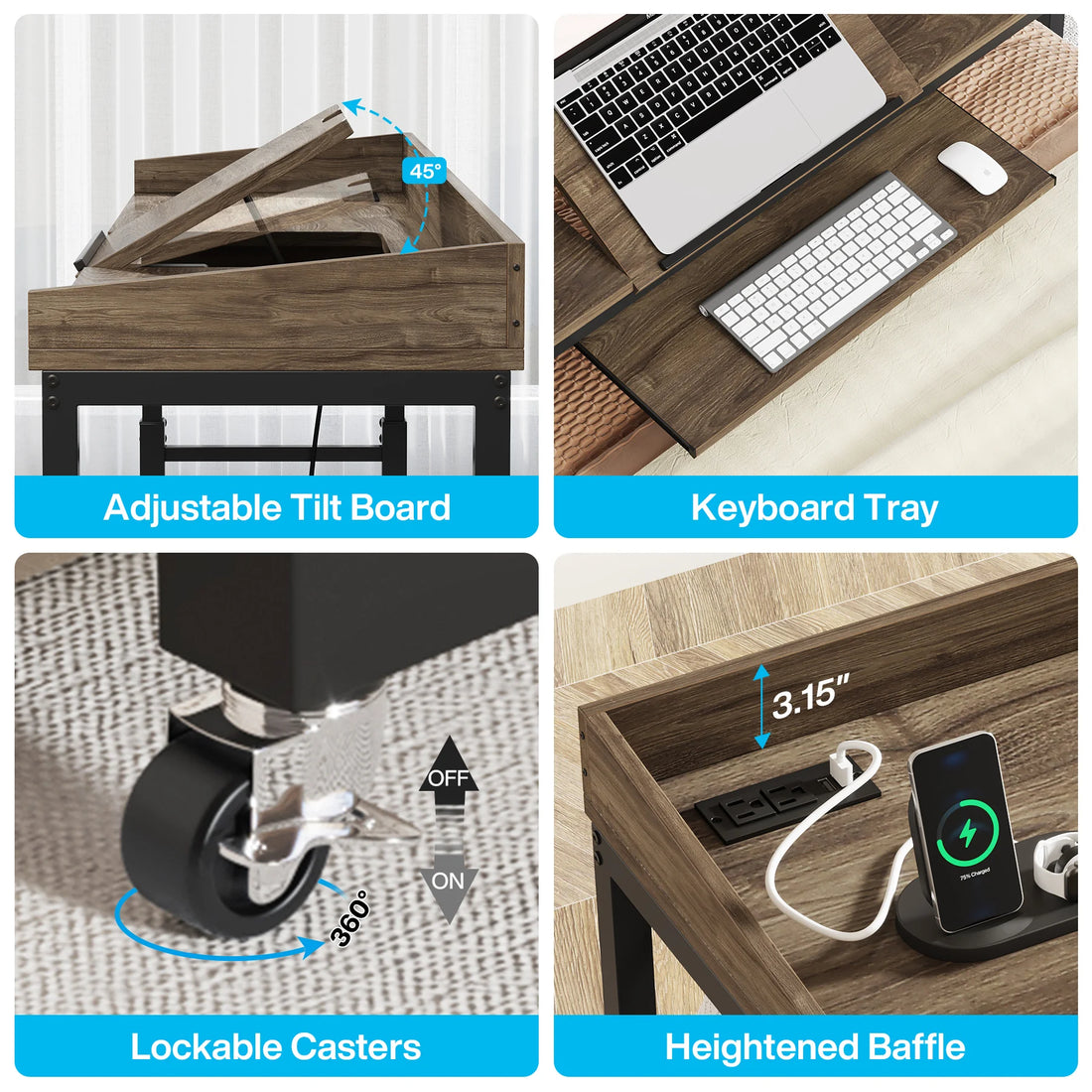 Wheeled Overbed Table with Adjustable Tilt Stand