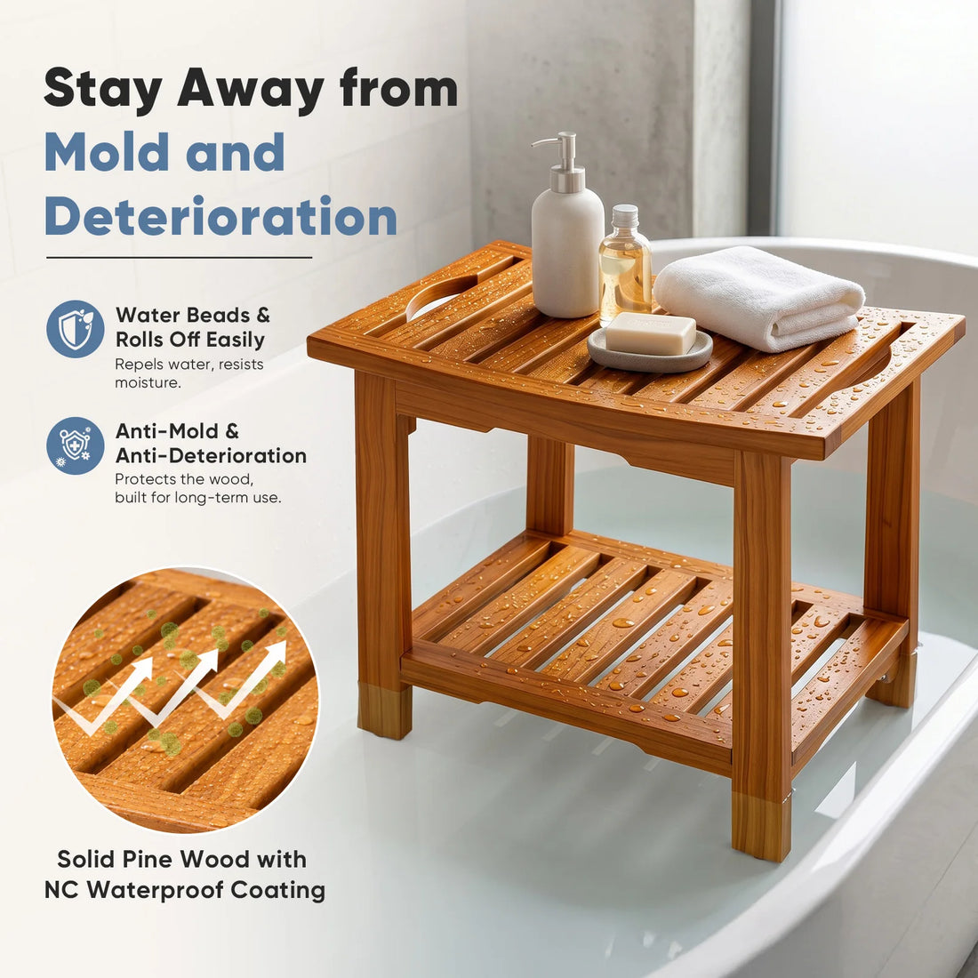 Wooden Shower Stool with Storage Shelf and Handles, 300 lbs