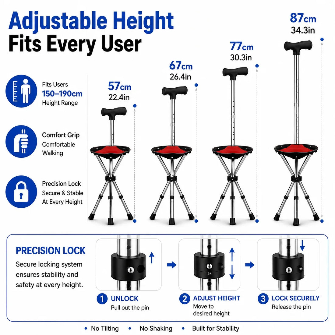 Folding Cane with Seat, Adjustable Height