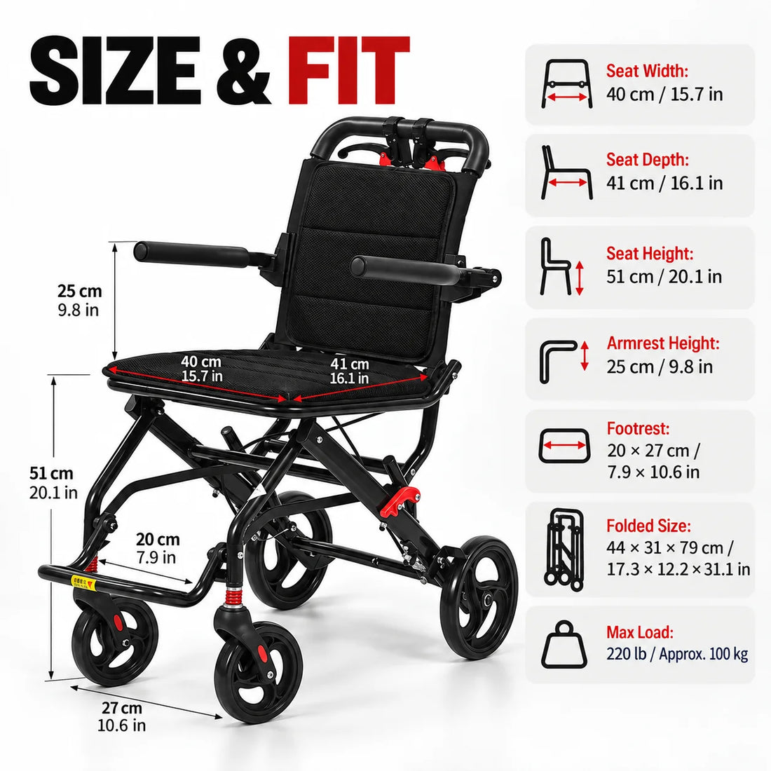 Lightweight Foldable Transport Wheelchair for Adults