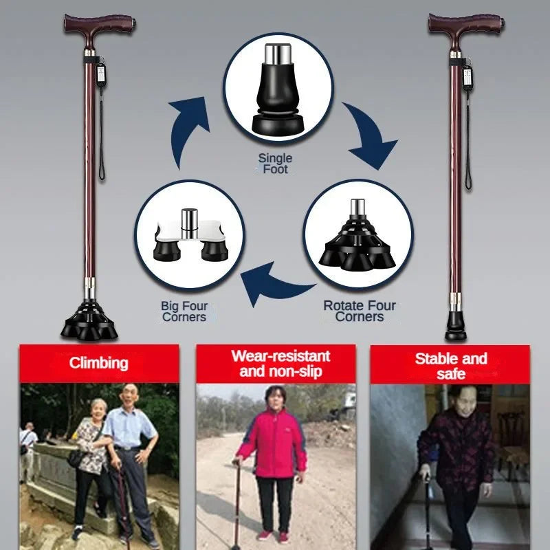 Adjustable Walking Cane with LED Light and Four-Foot Base