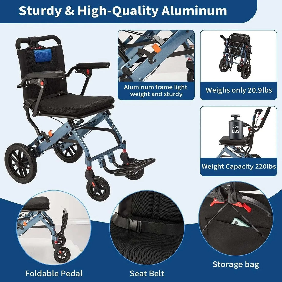 Lightweight Folding Wheelchair with 10-Inch Rear Wheels