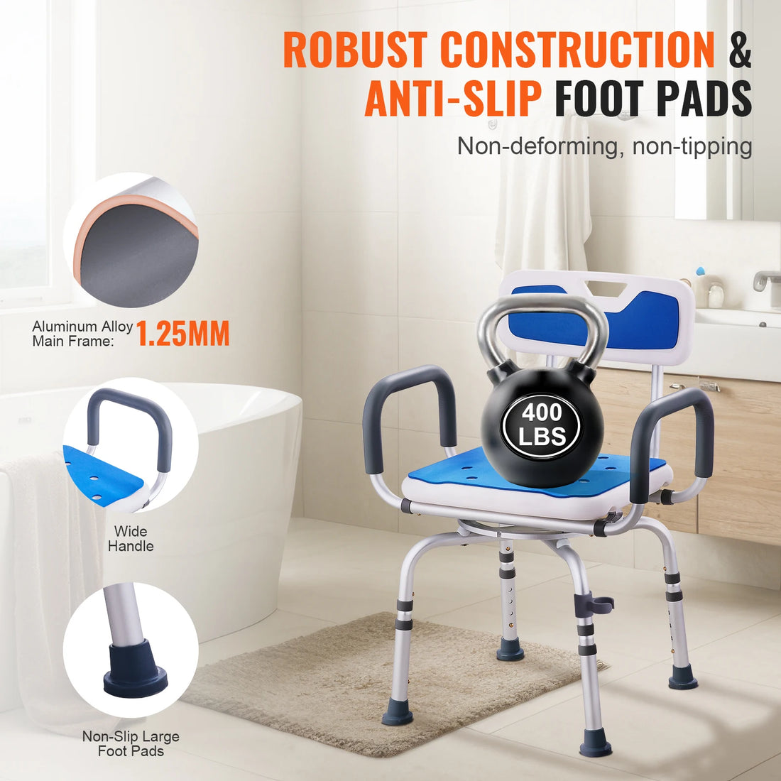 360-Degree Swivel Shower Chair with Armrests