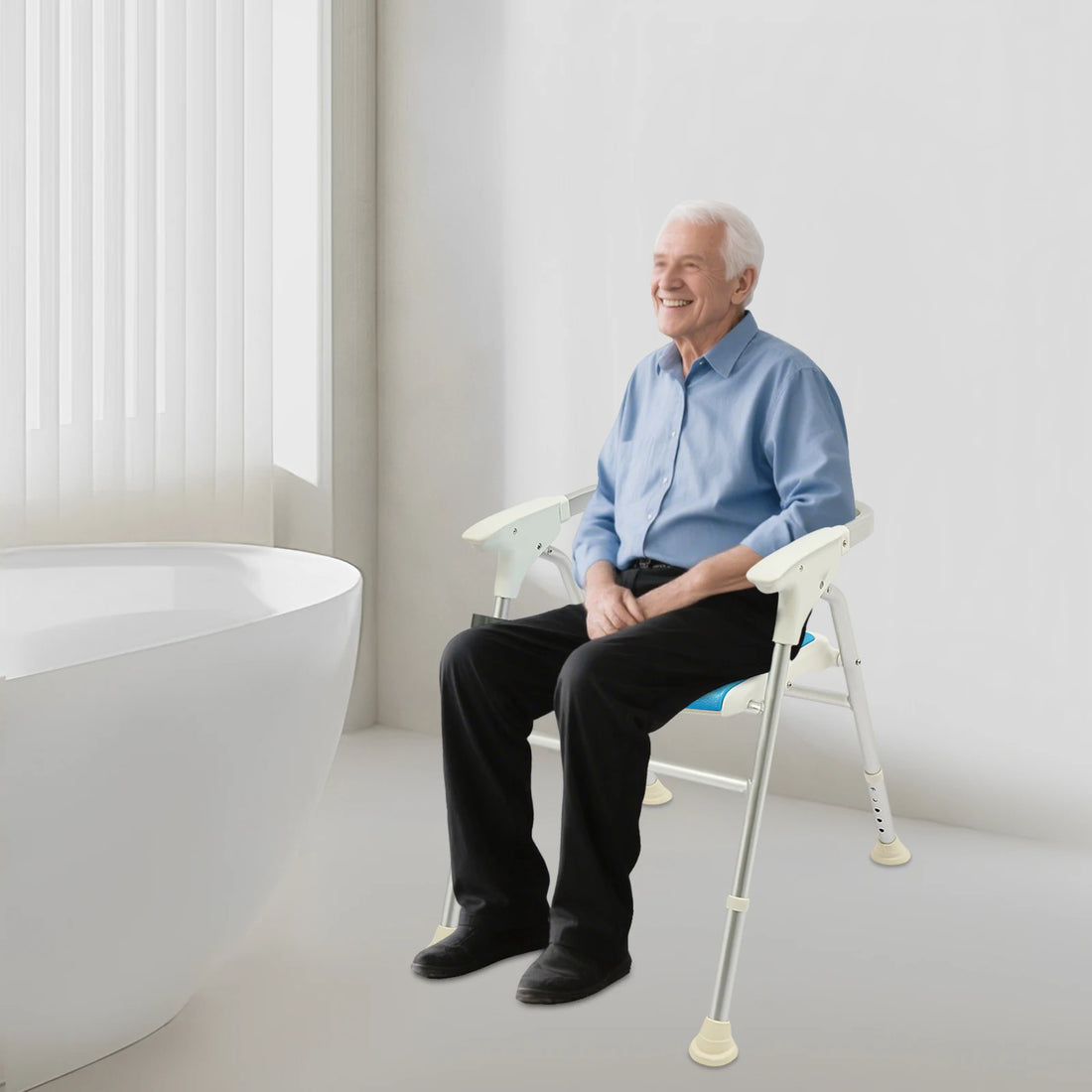 Foldable Shower Chair with Backrest and Armrests, Adjustable Height