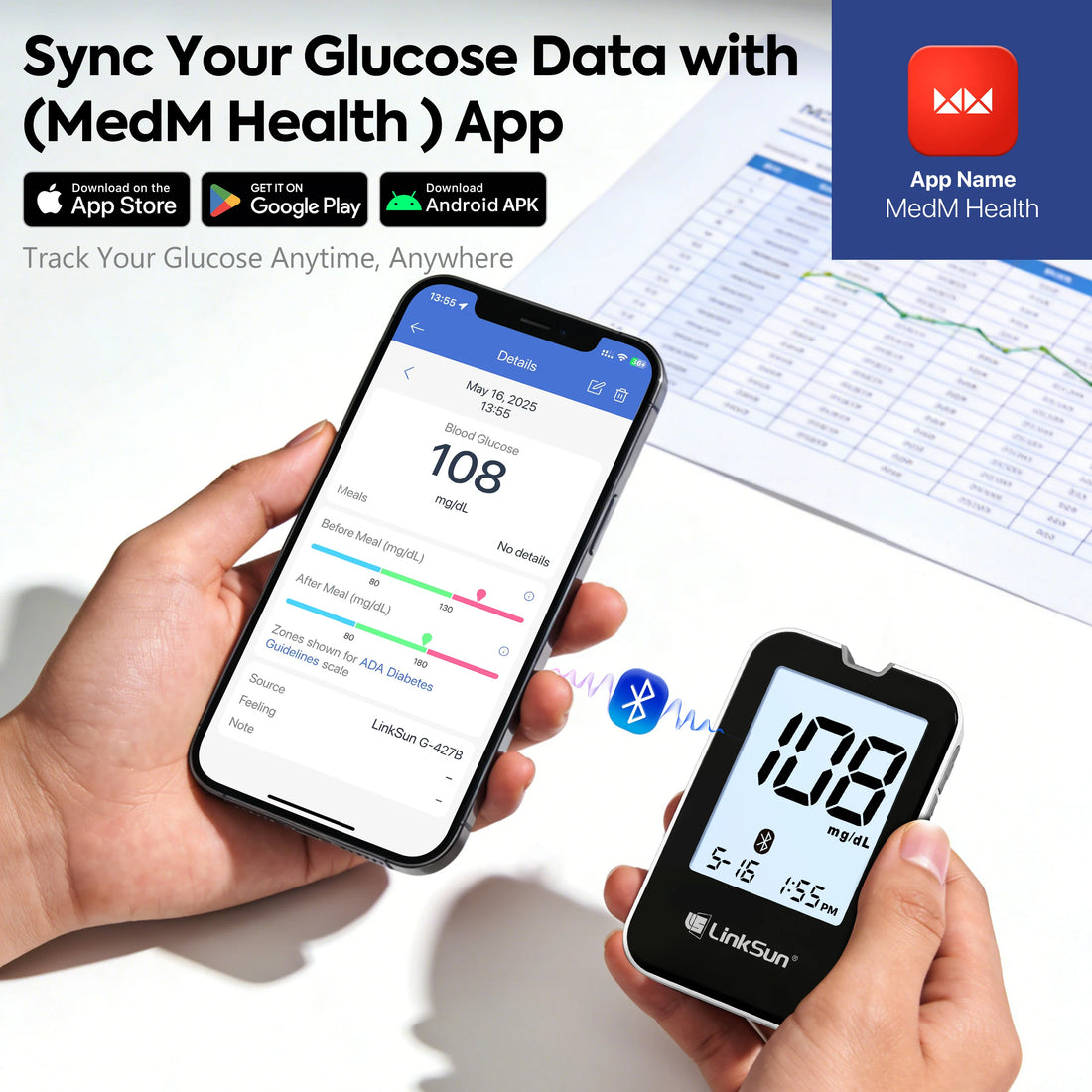 Medwell G-427B Bluetooth Glucose Testing Kit with Travel Bag