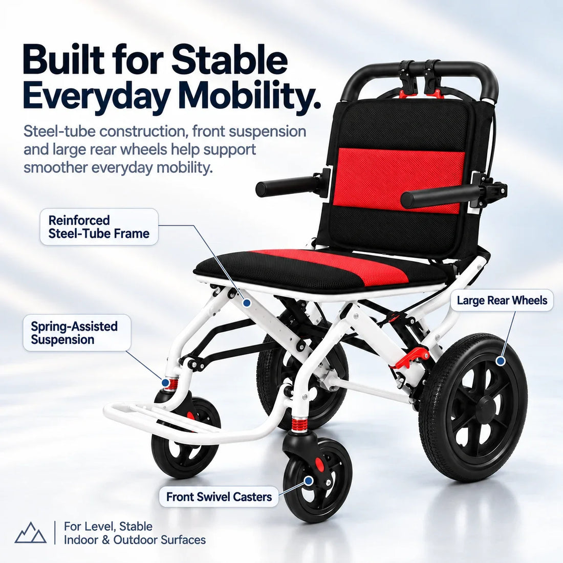Lightweight Foldable Wheelchair for Adults, Compact, 220 lb Capacity