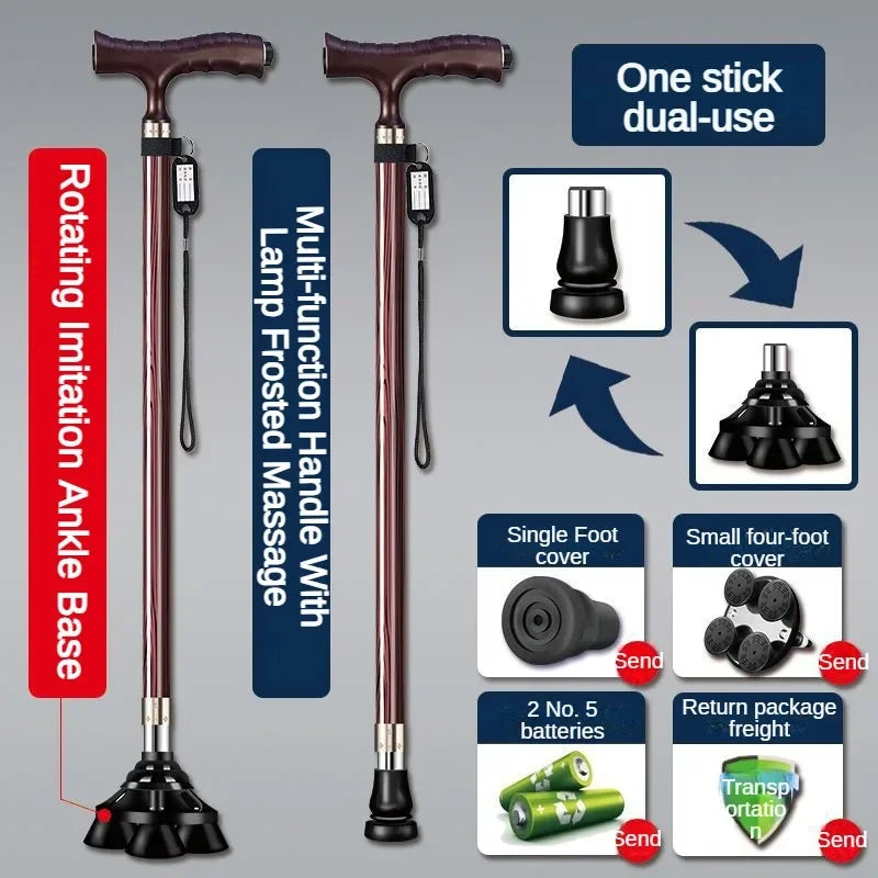 Adjustable Walking Cane with LED Light and Four-Foot Base
