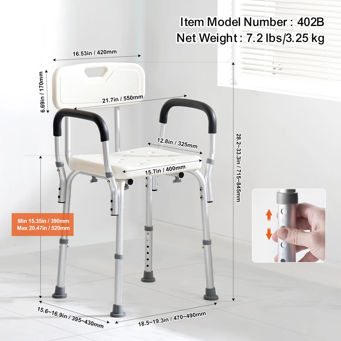 Adjustable Shower Chair with Back and Non-Slip Feet
