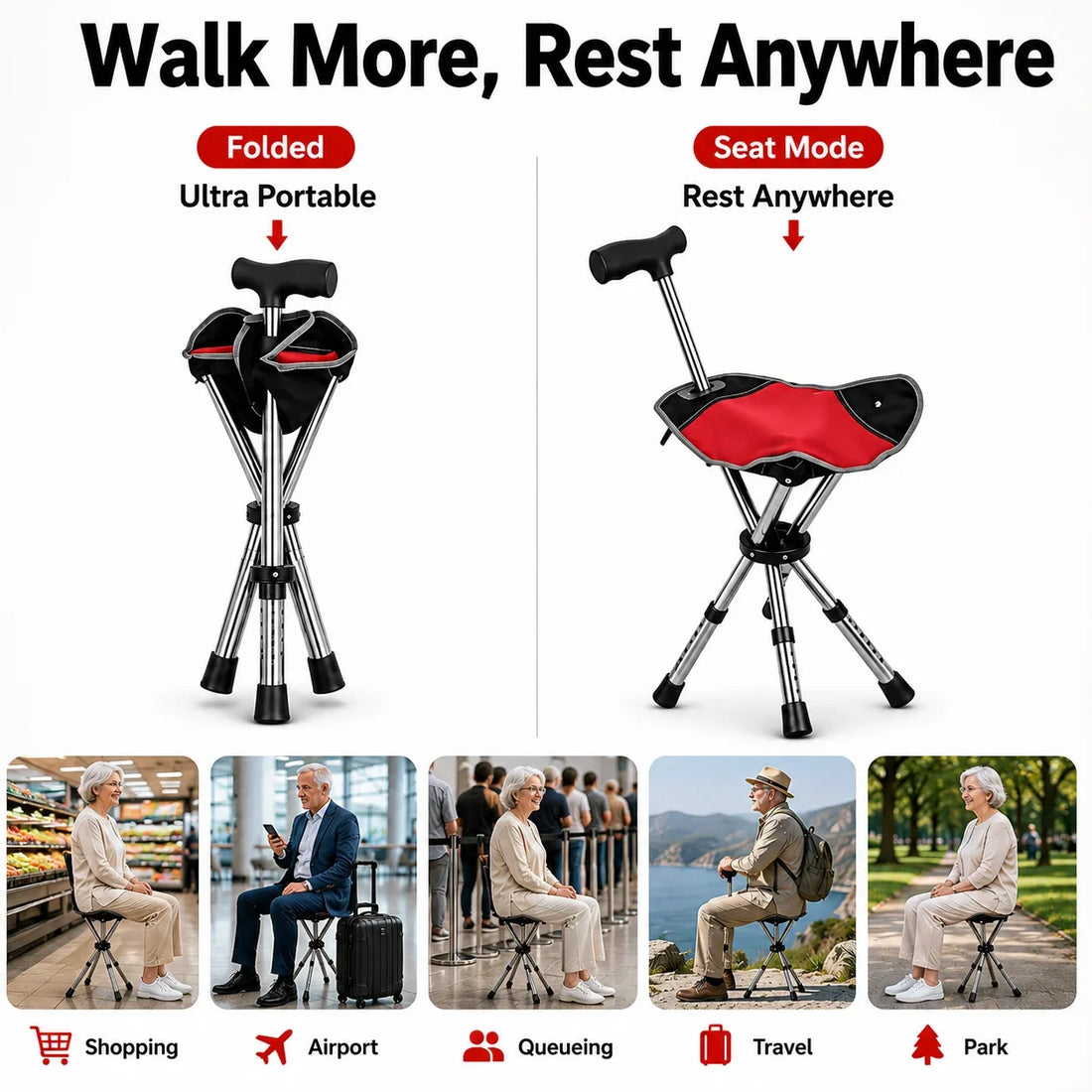Folding Cane with Seat, Adjustable Height