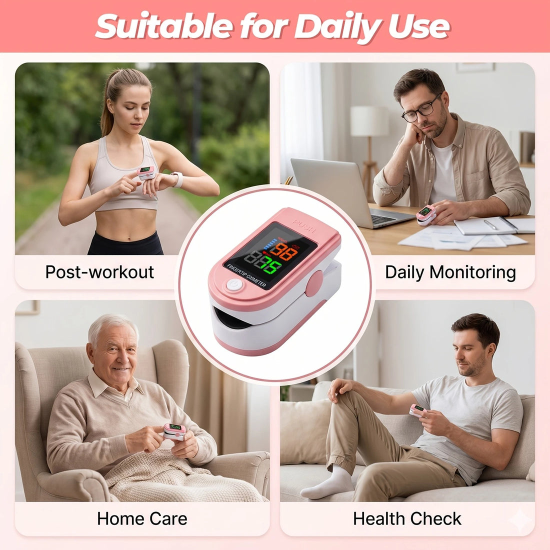 Pink Fingertip Pulse Oximeter with LCD Display