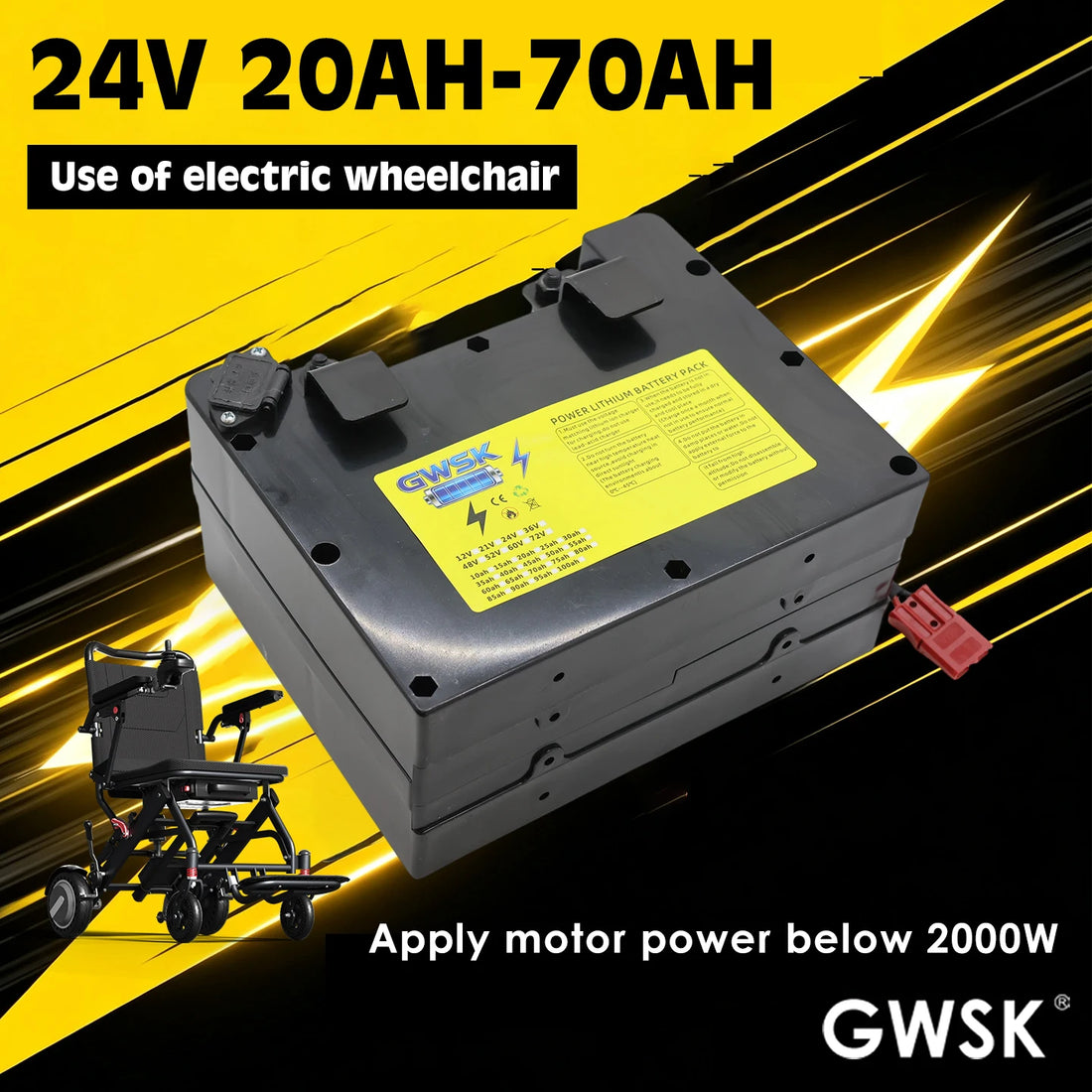 24V Wheelchair Battery, 20-70Ah, 18650 Cells with BMS Protection