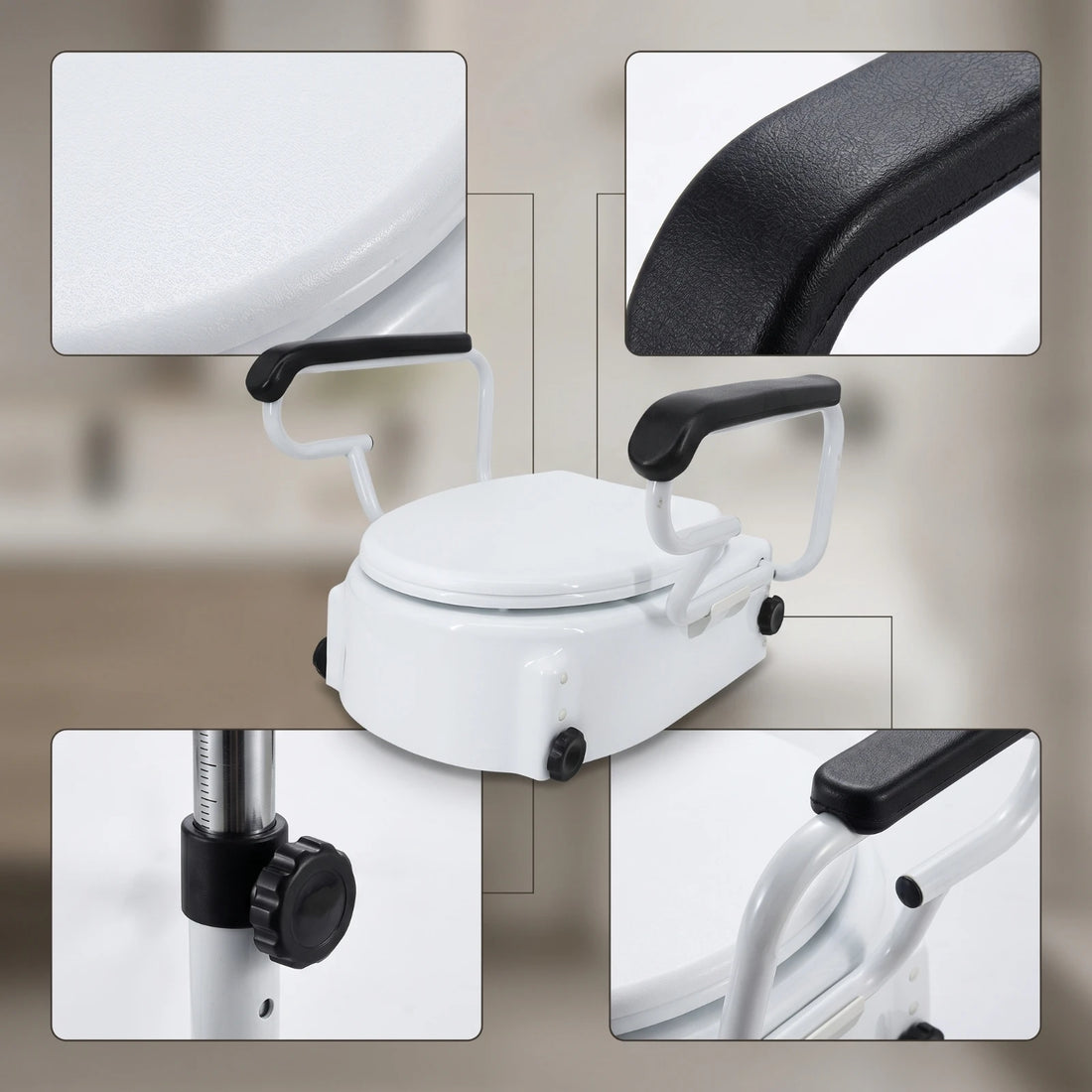 Height-Adjustable Raised Toilet Seat with Armrests