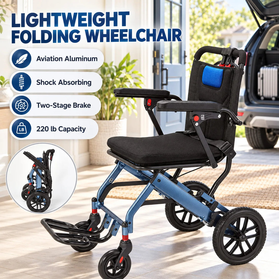 Lightweight Folding Wheelchair with 10-Inch Rear Wheels